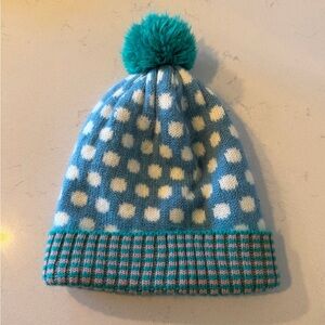 Mini Boden Polka Dot Striped Pom Pom Beanie Blue White